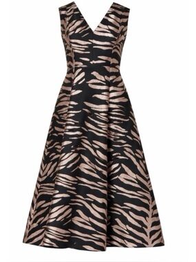 Kay Unger “Tibby” Black/Rose Gold Sleeveless V-Neck Flare Midi Dress Size 6